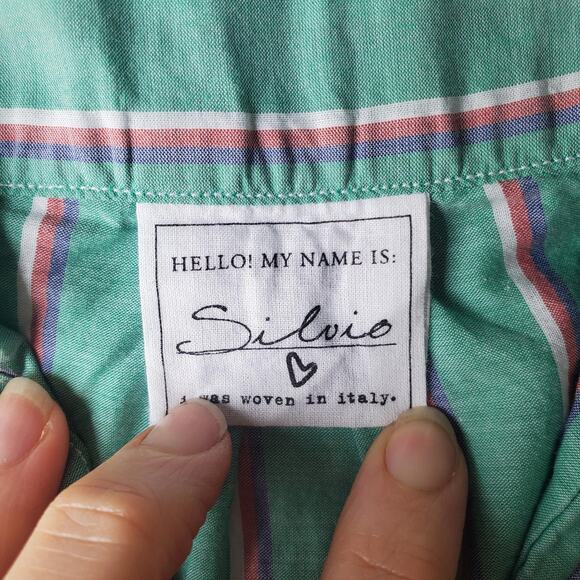 Frank & Eileen Shirt Womens Small Green Stripe Silvio Button Front Cotton - Picture 3 of 11